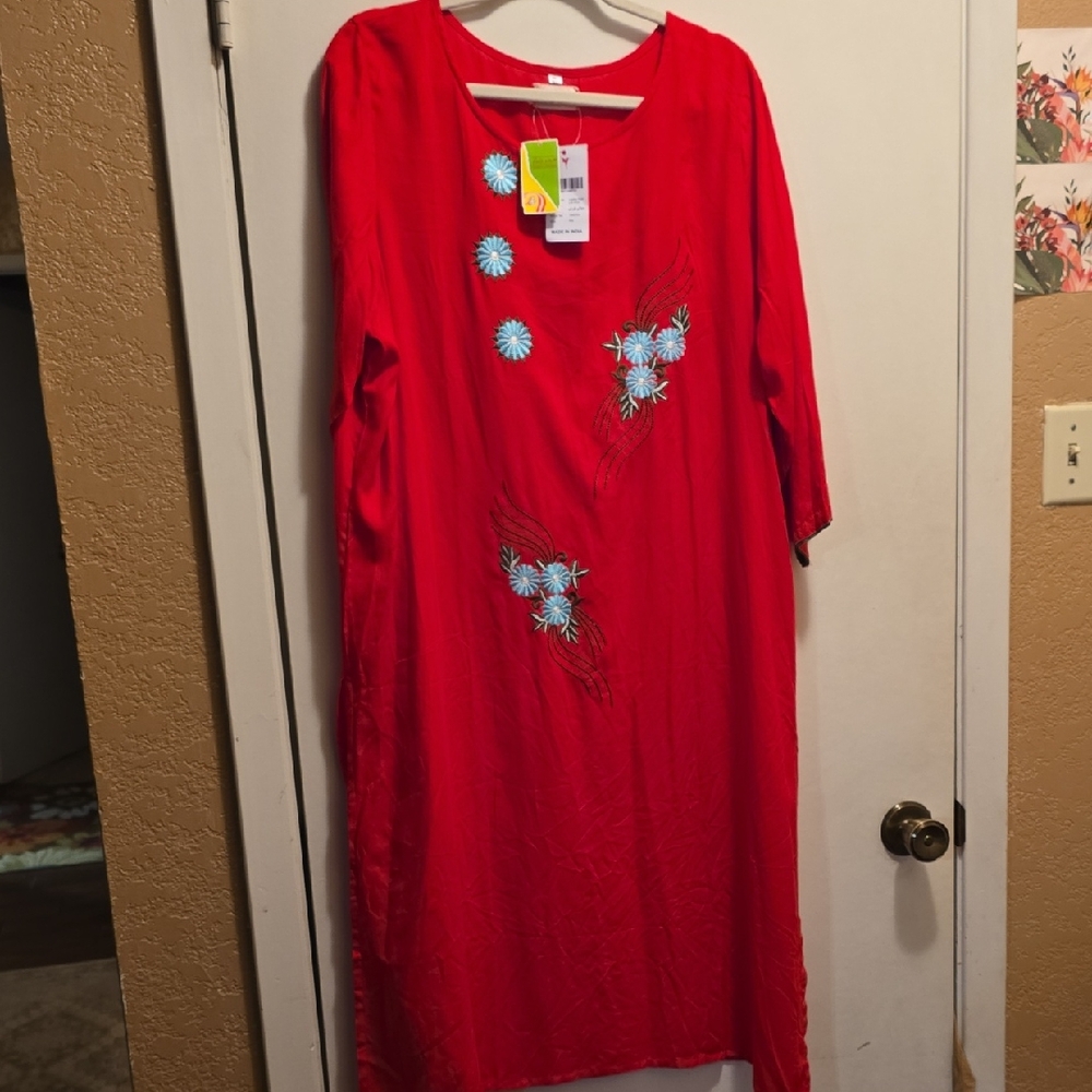 Ladies Kurti Red Top with Blue Embroidery